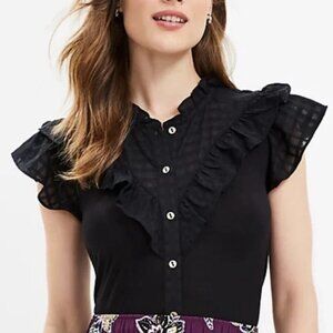 Loft Ruffle Button Mixed Media Top Size S Black